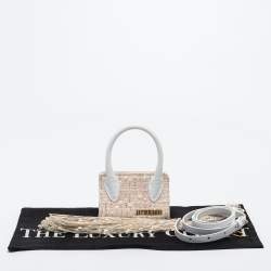 Pre Owned Jacquemus White/Beige Woven Canvas and Leather Mini Espelho Fringe Bag
