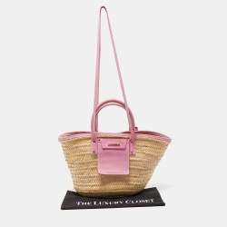 Jacquemus Pink/Cream Raffia and Nubuck Leather Le Panier Soleil Basket Bag 
