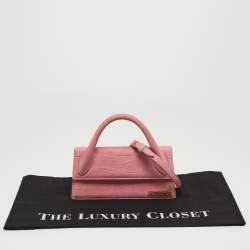 Pre Owned Jacquemus Light Pink Croc Embossed Nubuck Leather Long Le Chiquito Top Handle Bag