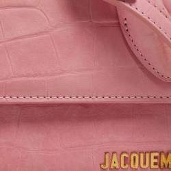 Pre Owned Jacquemus Light Pink Croc Embossed Nubuck Leather Long Le Chiquito Top Handle Bag