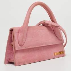Pre Owned Jacquemus Light Pink Croc Embossed Nubuck Leather Long Le Chiquito Top Handle Bag