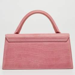 Pre Owned Jacquemus Light Pink Croc Embossed Nubuck Leather Long Le Chiquito Top Handle Bag