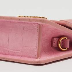 Pre Owned Jacquemus Light Pink Croc Embossed Nubuck Leather Long Le Chiquito Top Handle Bag