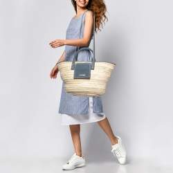 Pre Owned Jacquemus Blue/Natural Raffia and Nubuck Leather Le Panier Soleil Basket Tote