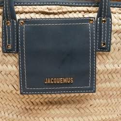 Pre Owned Jacquemus Blue/Natural Raffia and Nubuck Leather Le Panier Soleil Basket Tote