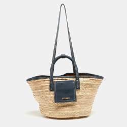 Pre Owned Jacquemus Blue/Natural Raffia and Nubuck Leather Le Panier Soleil Basket Tote