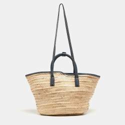 Pre Owned Jacquemus Blue/Natural Raffia and Nubuck Leather Le Panier Soleil Basket Tote