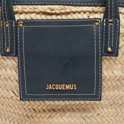 Pre Owned Jacquemus Blue/Natural Raffia and Nubuck Leather Le Panier Soleil Basket Tote