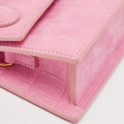 Jacquemus Light Pink Croc Embossed Nubuck Leather Long Le Chiquito Top Handle Bag