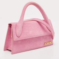 Jacquemus Light Pink Croc Embossed Nubuck Leather Long Le Chiquito Top Handle Bag