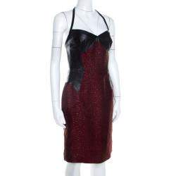 Jason Wu Burgundy and Black Leather Paneled Halter Dress M