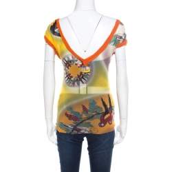 Jean Paul Gaultier Soleil Multicolor Printed Nylon Mesh Ruched Top L
