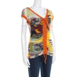 Jean Paul Gaultier Soleil Multicolor Printed Nylon Mesh Ruched Top L