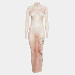 Pre Owned Jean Paul Gaultier Beige Printed Mesh Le Classique Long Dress XXS 
