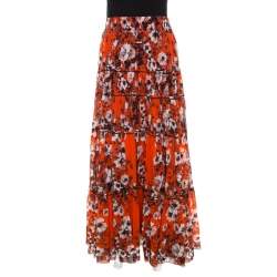 Pre Owned Jean Paul Gaultier Soleil Orange Floral Print Mesh Tiered Maxi Skirt M