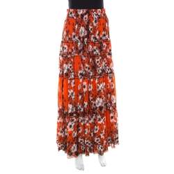 Pre Owned Jean Paul Gaultier Soleil Orange Floral Print Mesh Tiered Maxi Skirt M