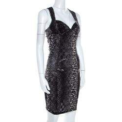 Pre Owned Jean Paul Gaultier Soleil Monochrome Leopard Patterned Jacquard Halter Dress S