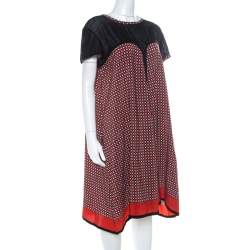 Pre Owned Jean Paul Gaultier Red and Black Geometric Printed Silk Perforated Knit Detail Dress L 