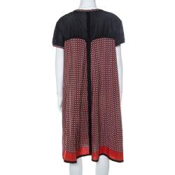 Pre Owned Jean Paul Gaultier Red and Black Geometric Printed Silk Perforated Knit Detail Dress L 