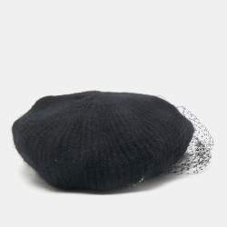 Jennifer Behr Black Wool Knit Veil Trim Beanie One Size 