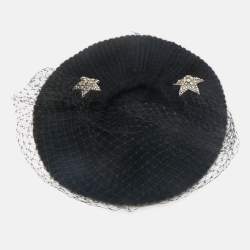Jennifer Behr Black Wool Knit Veil Trim Beanie One Size 