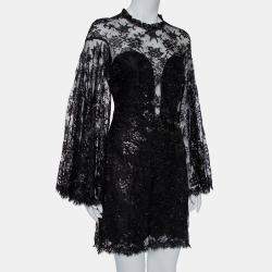 Jenny Packham Black Embellished Metallic Lace Bell Sleeve Detail Mini Dress M