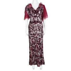 Jenny Packham Red Sequin Embellished Ruffled Sleeve Maxi Dress L
