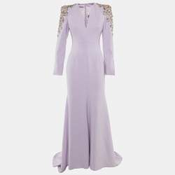 Pre Owned Jenny Packham Lavender Crepe Embellished Shoulder Gown S