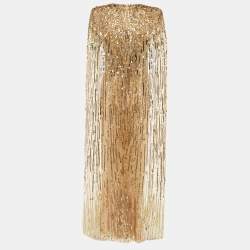 Pre Owned Jenny Packham Gold Embellished Tulle Lotus Lady Gown M