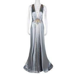 Jenny Packham Grey Satin Embellished Halter Evening Gown M