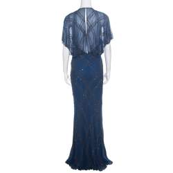 Pre Owned Jenny Packham Blue Embellished Silk Cutout Back Detail Blouson Gown M