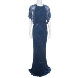 Pre Owned Jenny Packham Blue Embellished Silk Cutout Back Detail Blouson Gown M