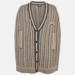 Pre Owned Jil Sander Navy Blue/ Beige Pattered Wool Button Front Cardigan L