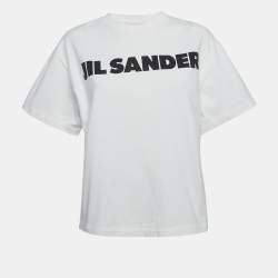 Pre Owned Jil Sander White Logo Print Jersey Crew Neck T-shirt XS