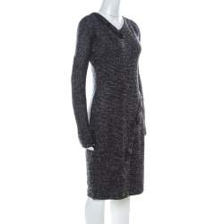 Jil Sander Monochrome Wool Blend Textured Wrap-Button Detail Sheath Dress M