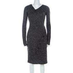 Jil Sander Monochrome Wool Blend Textured Wrap-Button Detail Sheath Dress M