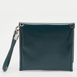 Jil Sander Teal Green Leather Metal Flap Wristlet Clutch