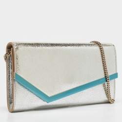 Pre Owned Jimmy Choo Silver Crackled Leather Emmie Chain Clutch