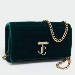 Pre Owned Jimmy Choo Dark Green Quilted Velvet Avenue Wallet On Chain
