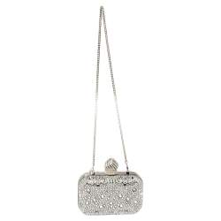 Pre Owned Jimmy Choo Silver Suede Crystal Embellished Dome Clasp Mini Cloud Clutch