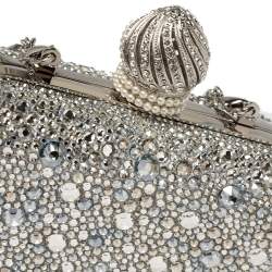 Pre Owned Jimmy Choo Silver Suede Crystal Embellished Dome Clasp Mini Cloud Clutch