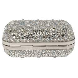 Pre Owned Jimmy Choo Silver Suede Crystal Embellished Dome Clasp Mini Cloud Clutch