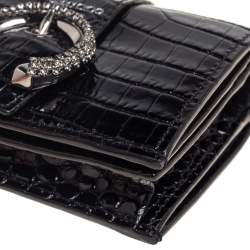 Jimmy Choo Black Croc Embossed Leather Hanne Crystals Compact Wallet