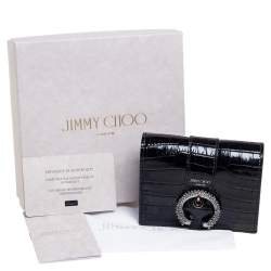 Jimmy Choo Black Croc Embossed Leather Hanne Crystals Compact Wallet