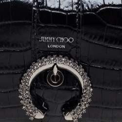 Jimmy Choo Black Croc Embossed Leather Hanne Crystals Compact Wallet