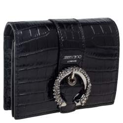 Jimmy Choo Black Croc Embossed Leather Hanne Crystals Compact Wallet