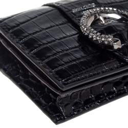 Jimmy Choo Black Croc Embossed Leather Hanne Crystals Compact Wallet