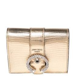 Pre Owned Jimmy Choo Gold Lizard Embossed Leather Hanne Crystals Compact Wallet
