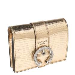 Pre Owned Jimmy Choo Gold Lizard Embossed Leather Hanne Crystals Compact Wallet