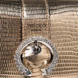 Pre Owned Jimmy Choo Gold Lizard Embossed Leather Hanne Crystals Compact Wallet